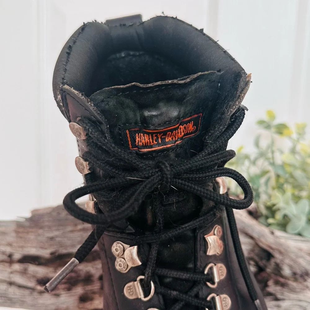 HARLEY-DAVIDSON ~ Men's Rugged Lace Up Black Boots w/Silver Monogrammed Hardware